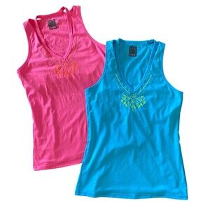 Bundle of 2 Lucky in Love Floral Stitch V Neck Tank Top Women‎ Blue/Pink Size XS